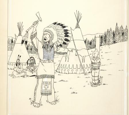 Dibujo original de la tercera edición de Tintín en América incluido en Las aventuras de Tintín