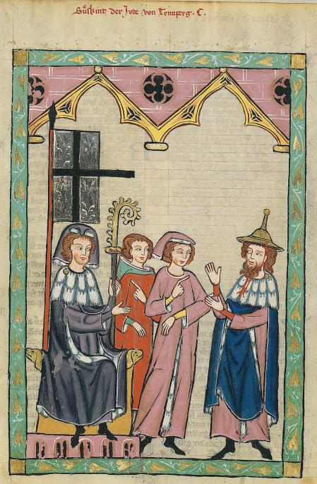 El poeta judío Süsskind von Trimberg (dcha.), con un gorro judío. Tras el IV Concilio de Letrán, fue obligatorio llevarlo en parte de Europa como distintivo
