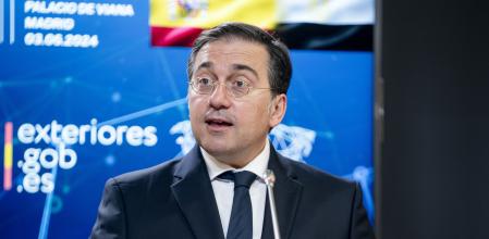 El ministro de Asuntos Exteriores, Unión Europea y Cooperación, José Manuel Albares, durante una rueda de prensa posterior a un encuentro oficial con su homólogo de la República Árabe de Egipto, en el Palacio de Viana, a 3 de junio de 2024, en Madrid (España). Albares y Shoukry ya se reunieron en Bruselas el pasado 27 de mayo, para abordar la guerra en Gaza y el reconocimiento del Estado de Palestina.