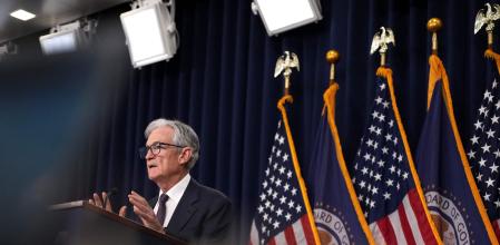 WASHINGTON, DC - MAY 07: Federal Reserve Chair Jerome Powell speaks during a news conference following a Federal Open Market Committee meeting at the William McChesney Martin Jr. Federal Reserve Board Building on May 7, 2025 in Washington, DC. Powell spoke to members of the media after the Federal Reserve released a statement holding interest rates steady at 4.25%-4.5%. Andrew Harnik/Getty Images/AFP (Photo by Andrew Harnik / GETTY IMAGES NORTH AMERICA / Getty Images via AFP)