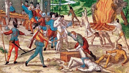 Spanish conquistadors torturing American indians, 1539-1542. Ferdinand de Soto (c1496-1542), Spanish explorer and conquistador and his men torturing natives of Florida in his determination to find gold. From the John Judkyn Memorial Collection, Freshford Manor, Bath. (Photo by Ann Ronan Pictures/Print Collector/Getty Images)